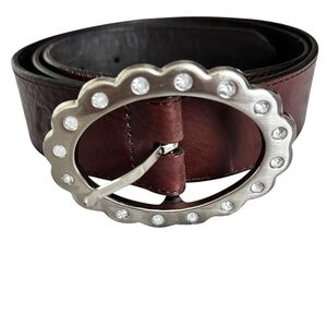 American Eagle Silver Buckle Brown Leather Belt with Decorative Design